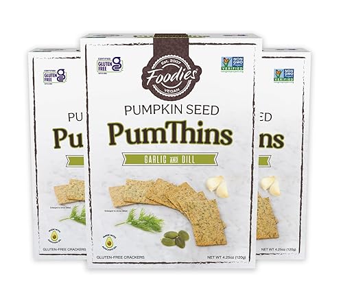 Foodies PumThins Garlic & Dill Crackers, Gluten Free, Made with Organic Pumpkin Seeds, No Seed Oils, Healthy, Paleo Friendly, 4.25 oz 3-Pack