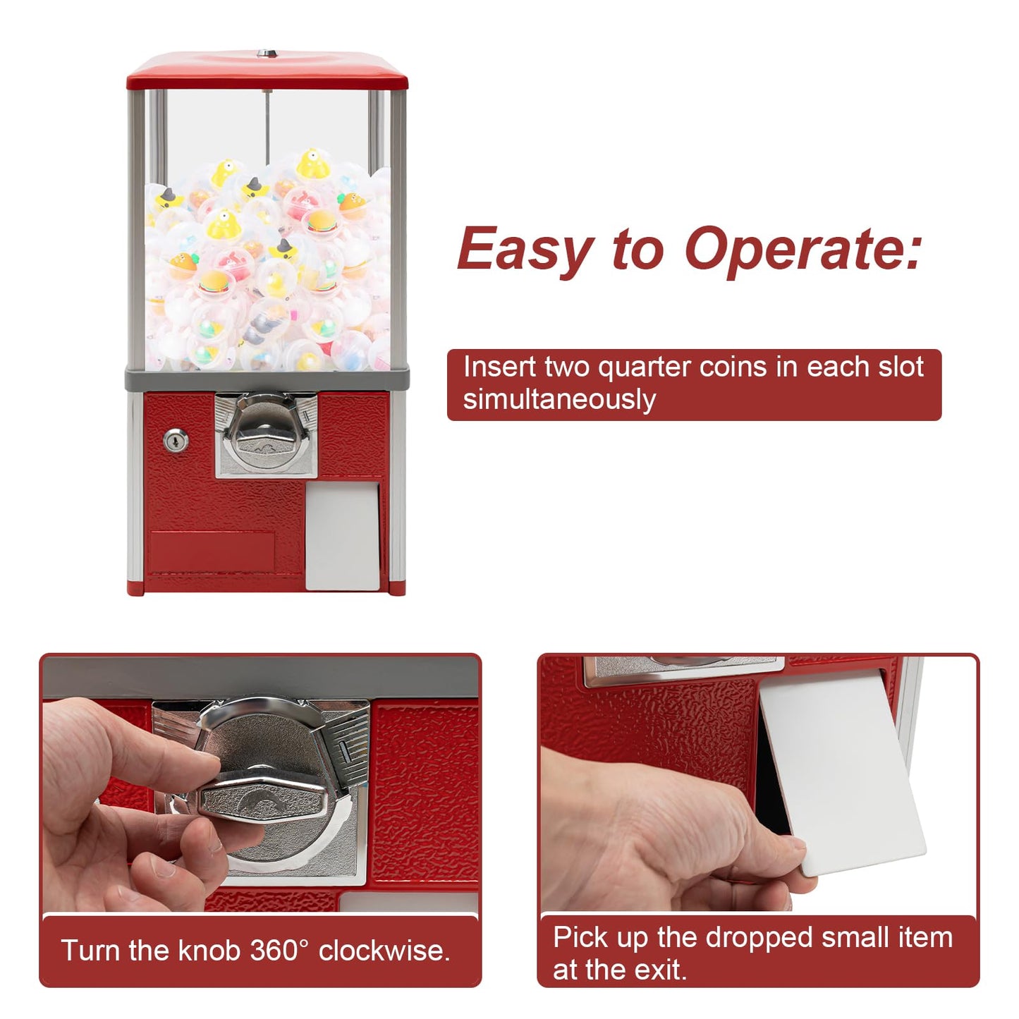 25-Cent Commercial Vending Machine - 10.63in High-Capacity Gacha Machine, Dispenses 200+ Capsules/Candy, Compatible with 1.77-1.97in, Lock & Keys