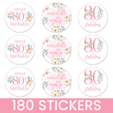 Pink Floral 80th Birthday Chocolate Kisses Candy Stickers, Pink 80 and Fabulous Birthday Party Favor Labels - 180 Count
