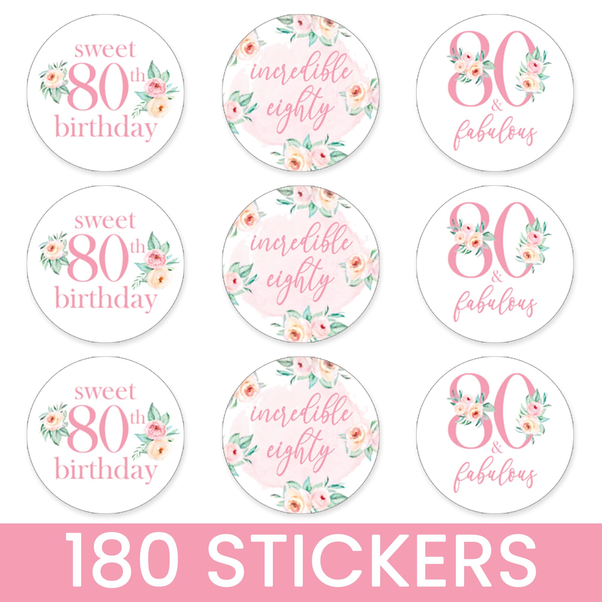 Pink Floral 80th Birthday Chocolate Kisses Candy Stickers, Pink 80 and Fabulous Birthday Party Favor Labels - 180 Count