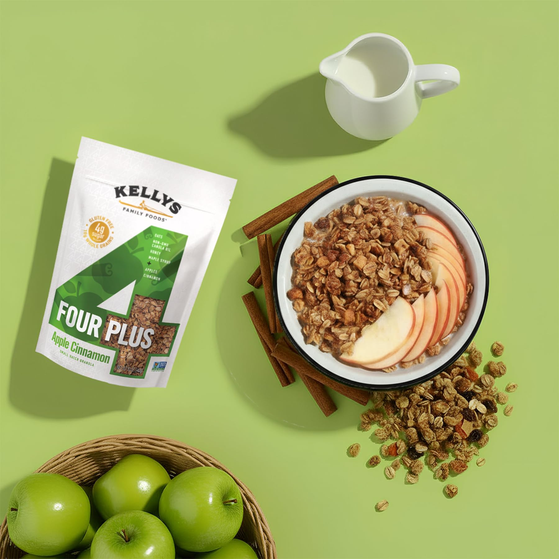 Kellys Four Plus Granola Cereal | Apple Cinnamon Healthy Granola for Yogurt | Hand Made Snacks for Breakfast - 12 oz