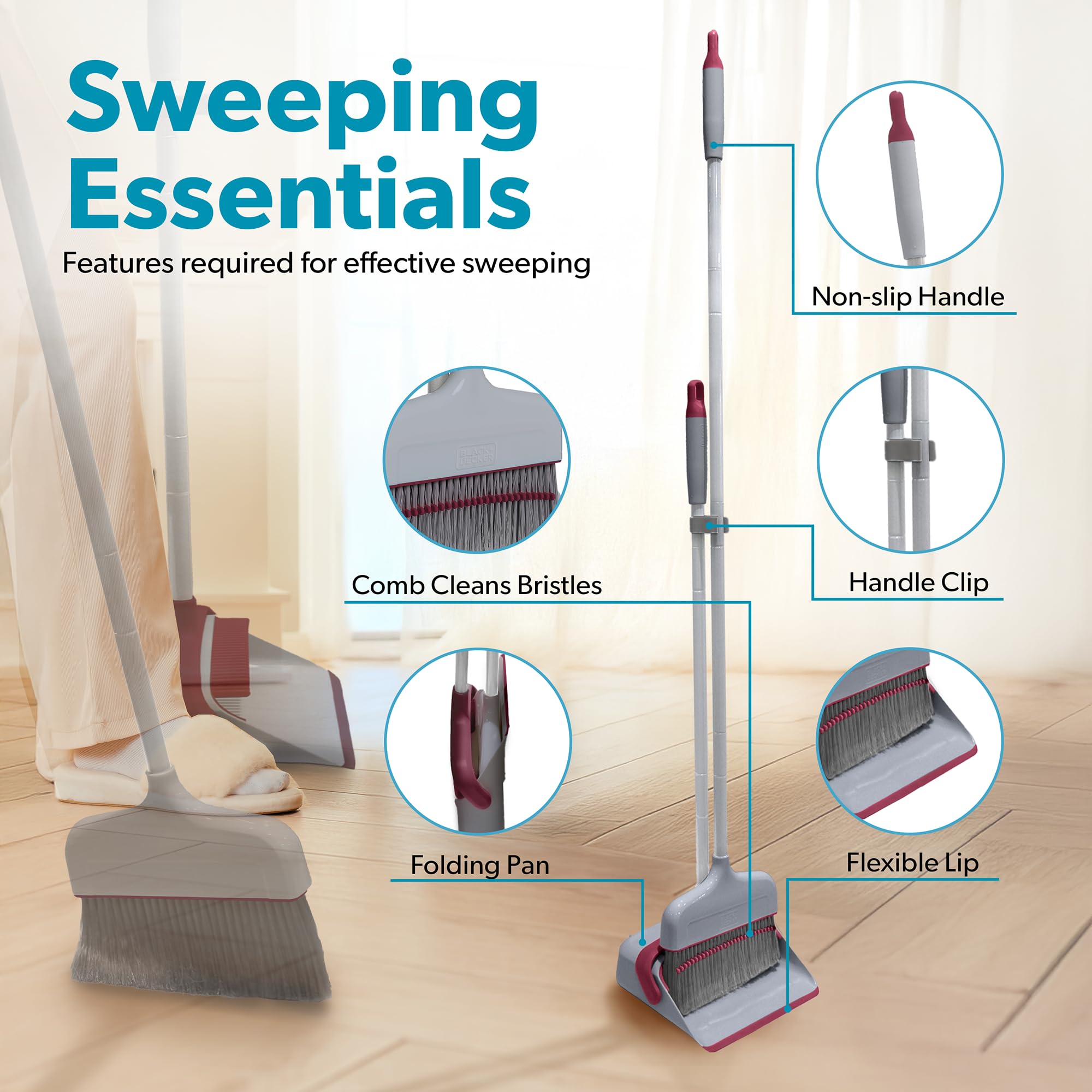BLACK+DECKER Butler Broom & Dustpan Set - Stand-Up Design - Lightweight, Space-Saving Combo for Kitchen, Living Room, Bathroom, Lobby Floors - Home