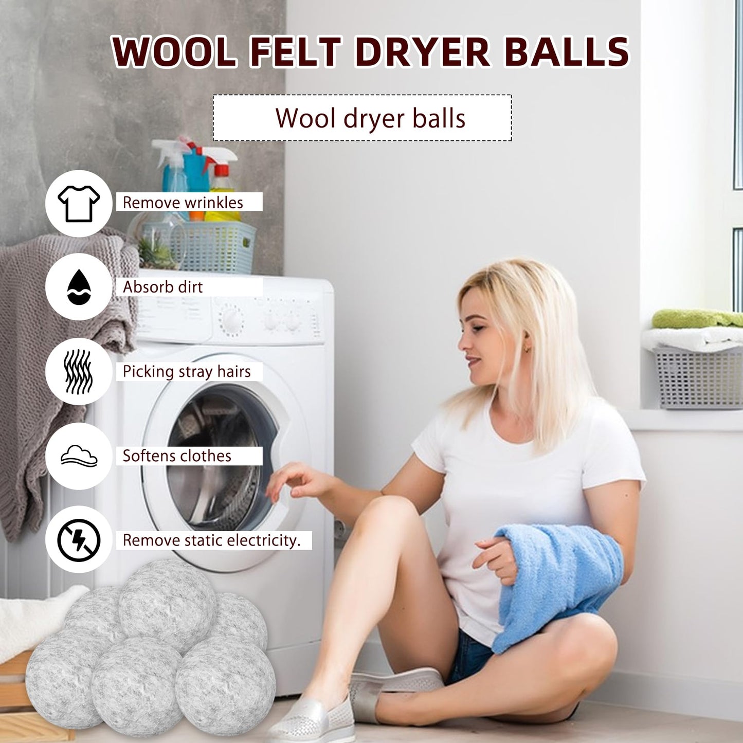 Wool Dryer Balls, 6 Pack Reusable Natural Fabric Softener Ball, Chemical-Free, No Lint, for Baby Clothes, Laundry Balls for Dryer, Anti Static