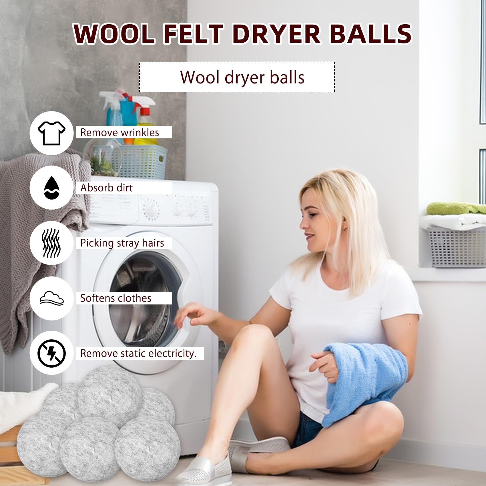 Wool Dryer Balls, 6 Pack Reusable Natural Fabric Softener Ball, Chemical-Free, No Lint, for Baby Clothes, Laundry Balls for Dryer, Anti Static