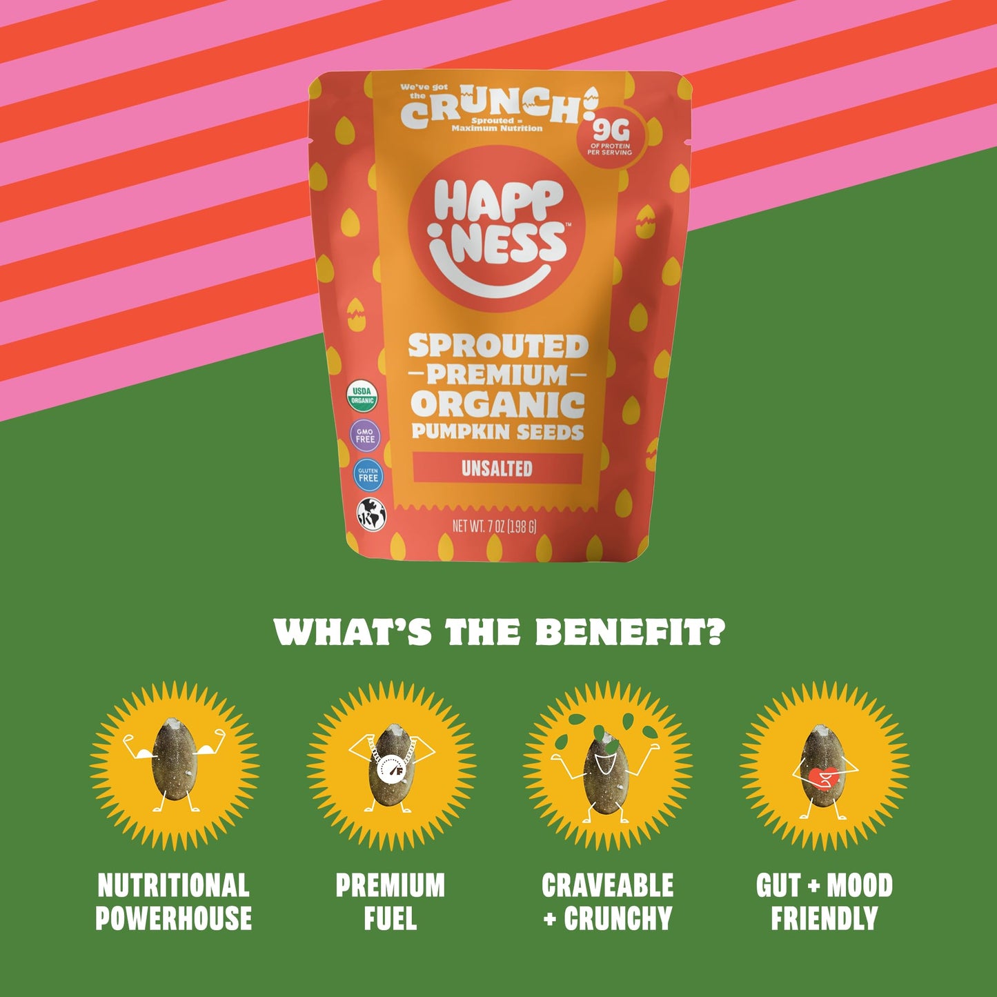 Happiness Foods™ Unsalted - Sprouted Organic Raw Pumpkin Seeds - High Protein, Certified USDA Organic, Non-GMO, Low Carb, Vegan, Gluten-Free Snacks