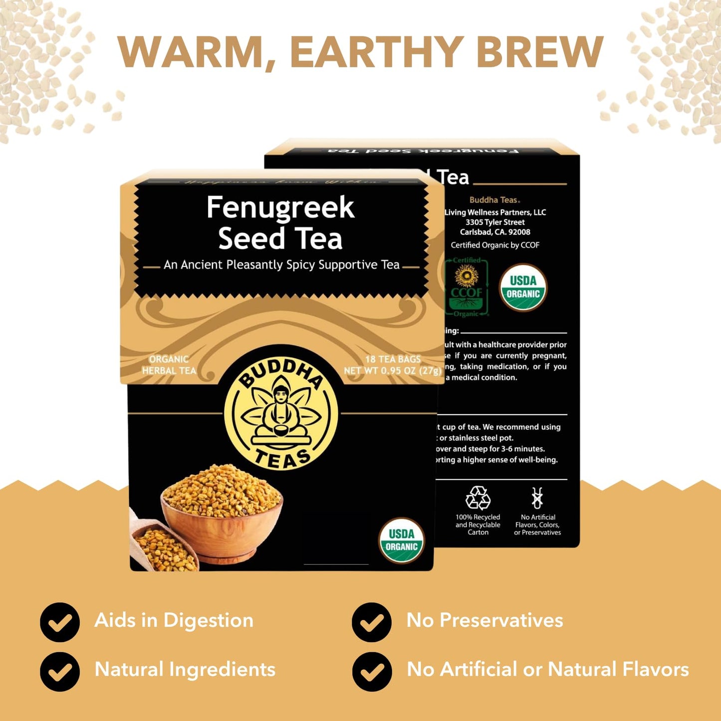 Buddha Teas - Fenugreek Seed Tea - Herbal Tea - Supports Digestion & Overall Wellness - Natural Ingredients - Caffeine Free - OU Kosher - 18 Tea Bags