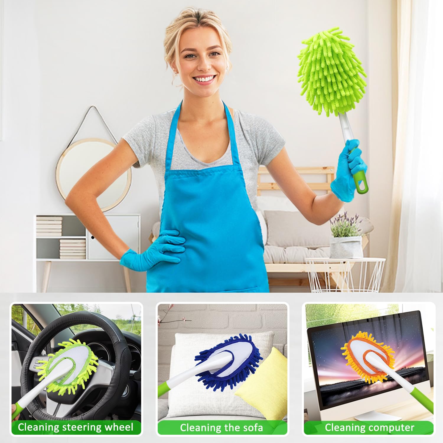 Microfiber Feather Duster,13 Inch Length, with 4 pcs Washable Cloth, Car Duster, Perfect for Cleaning Windows, Tables, Cars,Furniture, Keyboards
