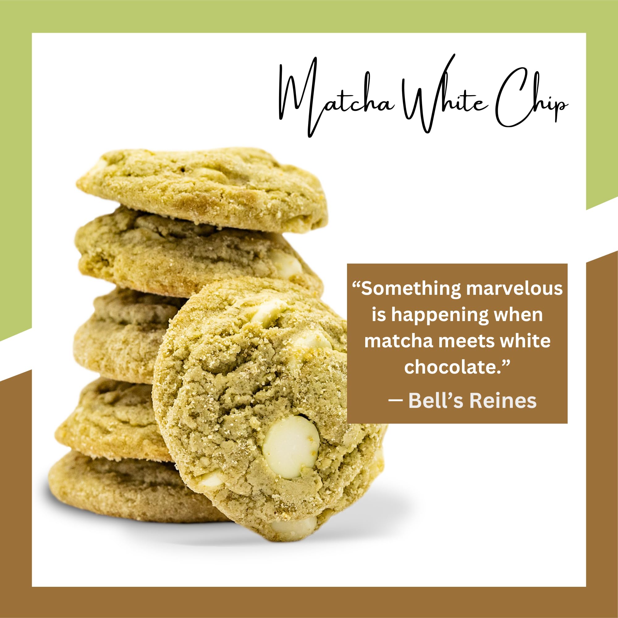 Bell's Reines Matcha White Chip Cookies, Soft Gourmet Small Batch, Healthy Snacks, Bakery Fresh 12-Cookie Bag