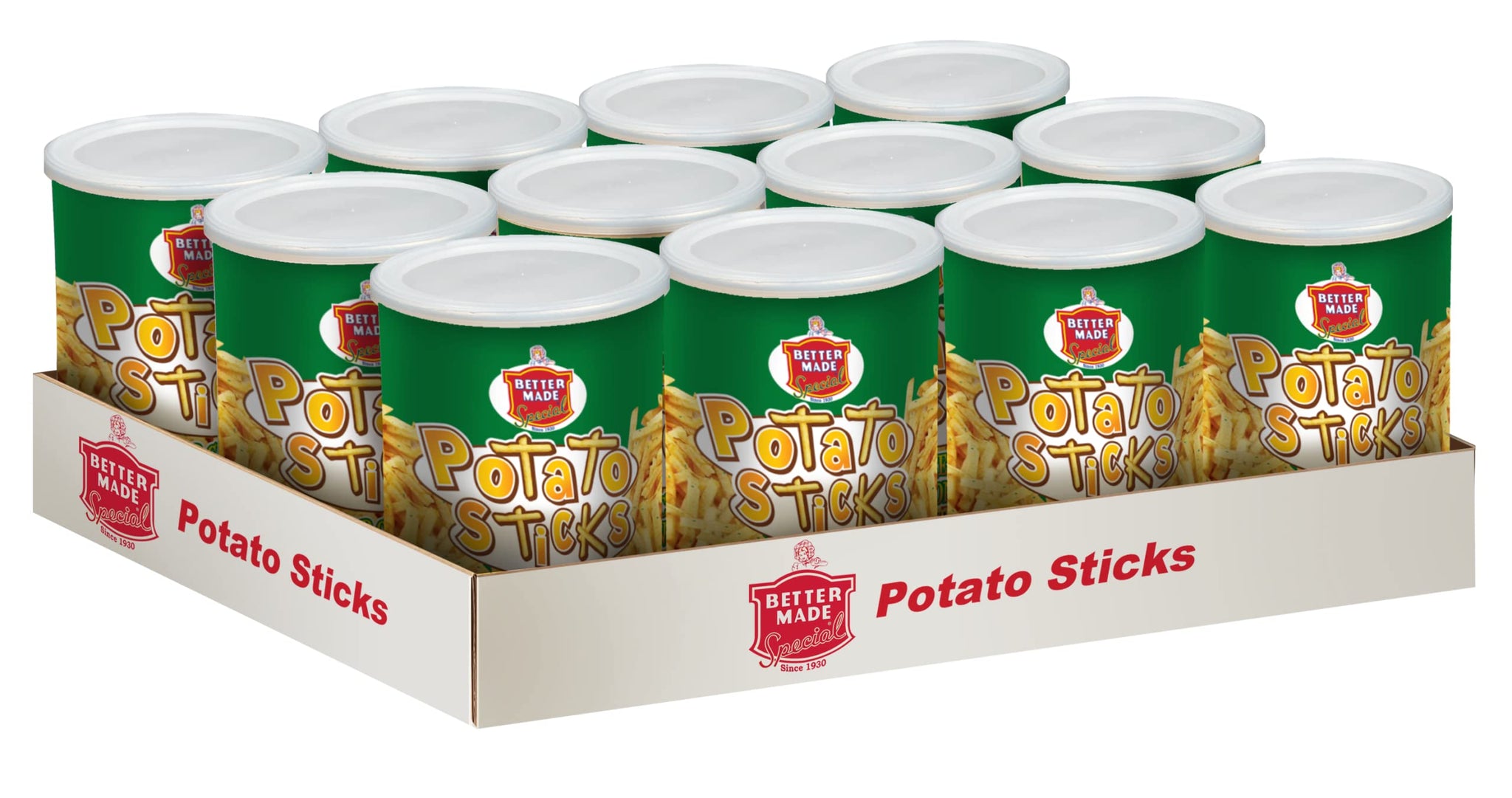 Better Made Potato Sticks 5oz Canister- (Sour Cream & Onion, 12 Can Tray) - Shoestring Potato Sticks - Gluten Free - Crunchy, Crispy Snack from Fresh