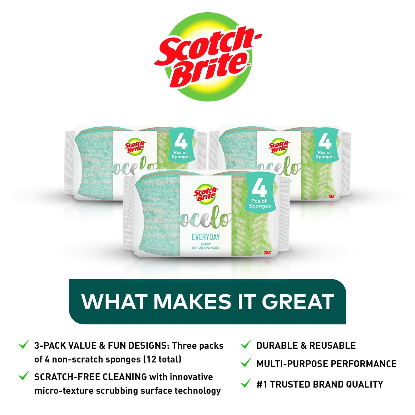 Scotch-Brite ocelo Non-Scratch Scrub Sponges, Assorted Designs, Scratch-Free for Nonstick Cookware & Dishes, Kitchen & Bathroom Use, Reusable