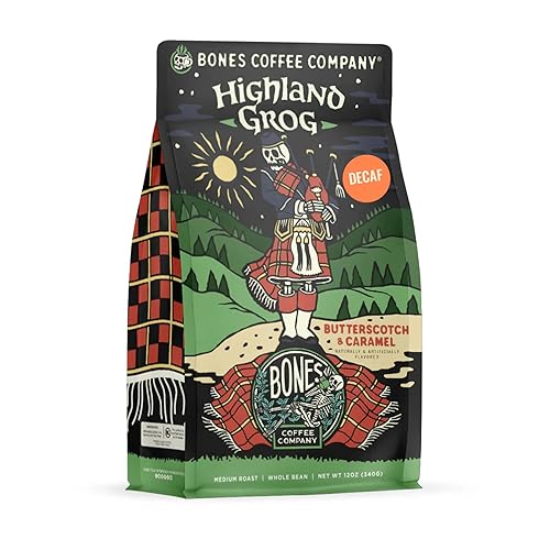 Bones Coffee Company Decaf Highland Grog, Butterscotch Caramel Decaffeinated Flavored Coffee, Medium Roast Low Acid Arabica Beans For Auto drip