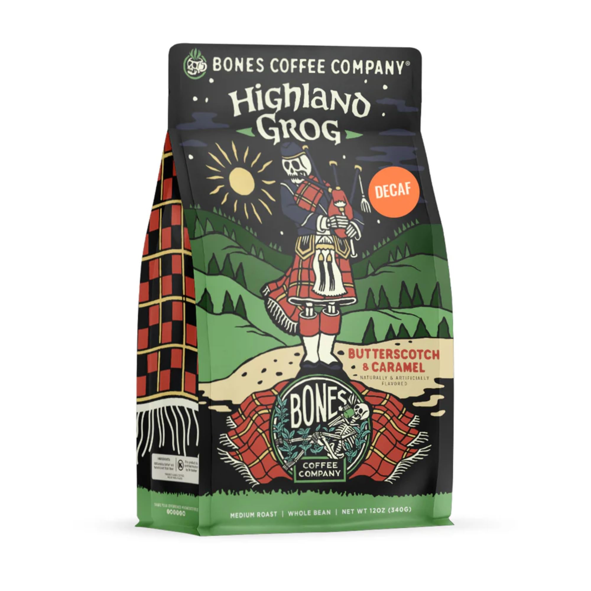 Bones Coffee Company Decaf Highland Grog, Butterscotch Caramel Decaffeinated Flavored Coffee, Medium Roast Low Acid Arabica Beans For Auto drip