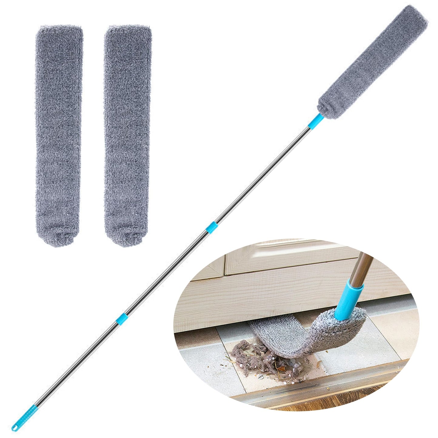 Retractable Gap Dust Clean Under Appliance Microfiber Duster Dust Cleaning Brush with Extendable 3 Pole (31.5''-59.1''),Bendable Removable Washable