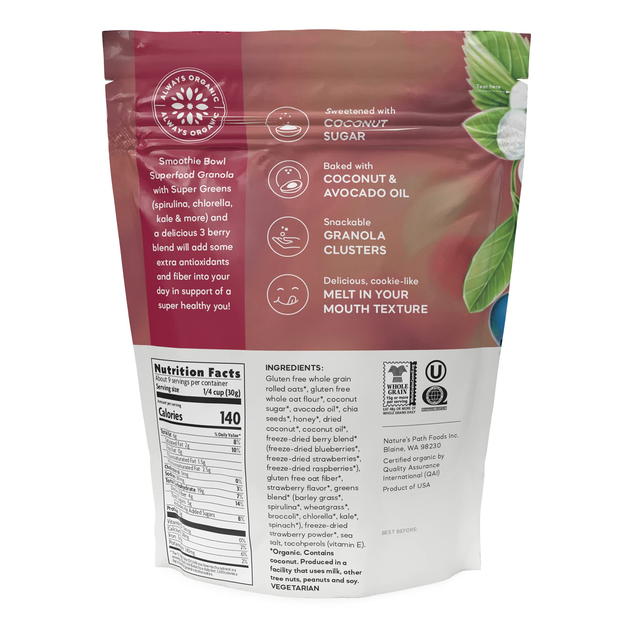 Nature's Path Organic Superfood Smoothie Bowl Granola, 9.5 oz (Pack of 1), with Berries & Super Greens, Gluten Free, Non-GMO
