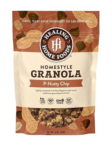 Healing Home Foods P-Nutty Chip, Gluten Free Granola Mix with Peanut Butter & Chocolate Chips - Low Sugar Granola Clusters, Vegan & Healthy Breakfast