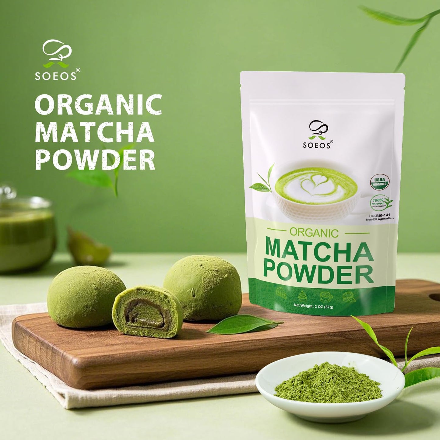 Soeos Organic Matcha Powder, Matcha Green Tea Powder, 2 oz (57g), Antioxidant-Rich Matcha Powder for Lattes, Smoothies and Baking, Recyclable Bags