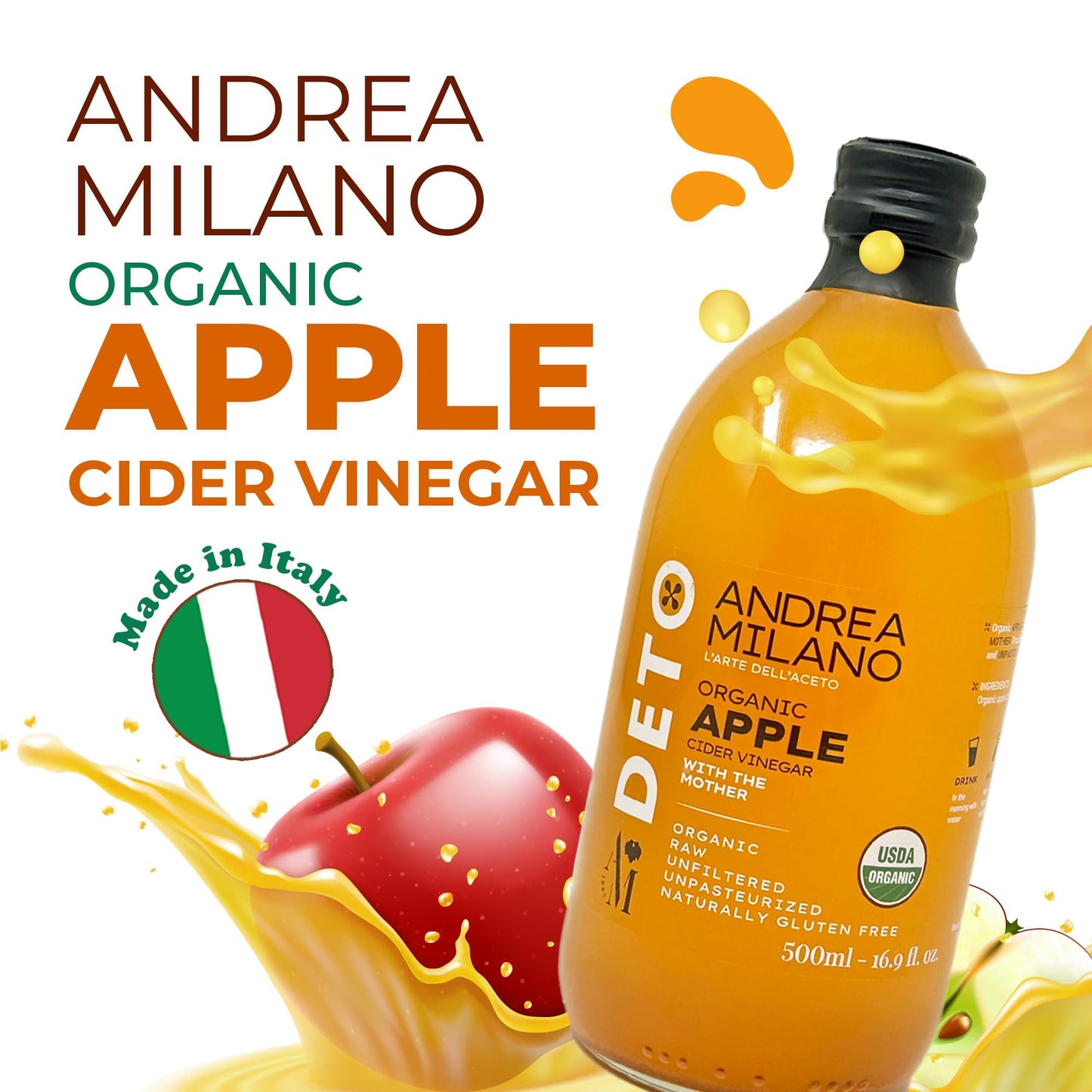 Andrea Milano Organic Apple Cider Vinegar - Raw Italian Natural Vinegar with the Mother, Unfiltered, Unpasteurized, Non-GMO, Vegan, Bulk, Glass Bottle