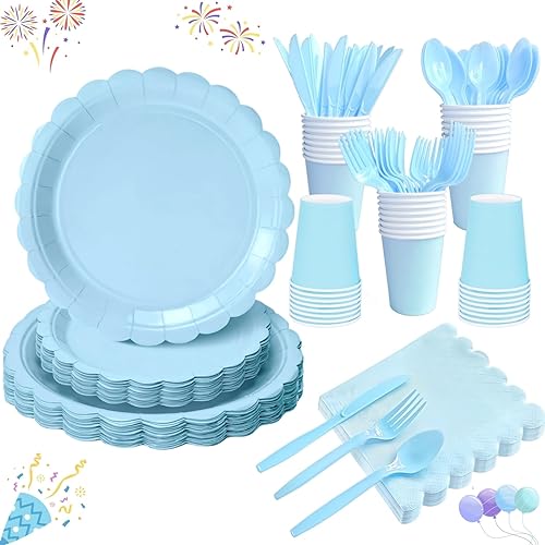 175 Pcs Blue Party Paper Plates and Cups Napkins Sets, Disposable Plates Party Supplies Includes Scalloped Plates and Napkins, Cups Plastic Spoons