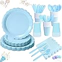 175 Pcs Blue Party Paper Plates and Cups Napkins Sets, Disposable Plates Party Supplies Includes Scalloped Plates and Napkins, Cups Plastic Spoons