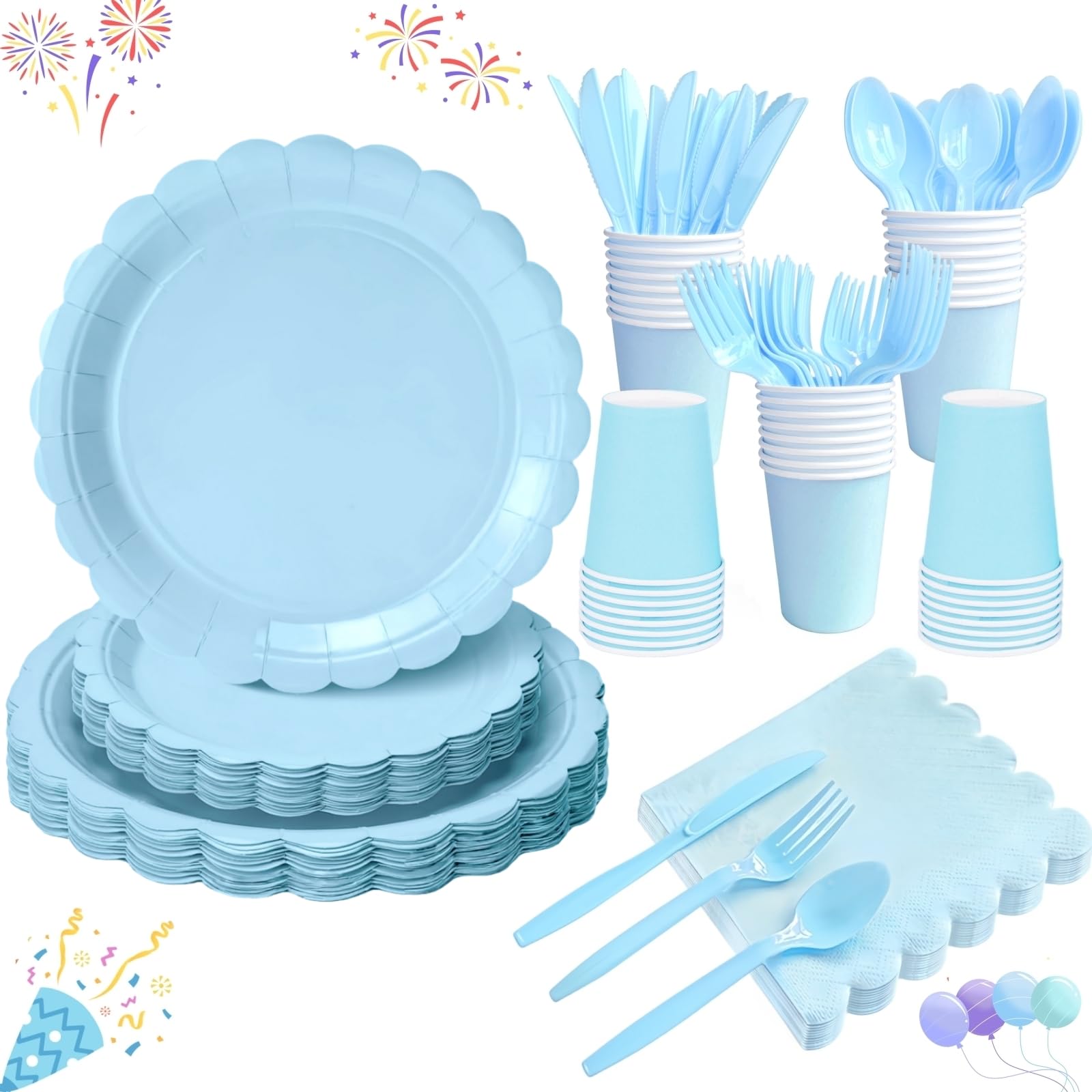175 Pcs Blue Party Paper Plates and Cups Napkins Sets, Disposable Plates Party Supplies Includes Scalloped Plates and Napkins, Cups Plastic Spoons