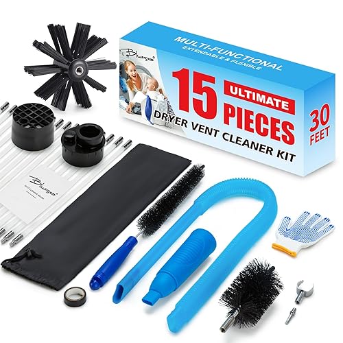 BLuesea Dryer Vent Cleaner Kit, 15-Piece Ultimate Dryer Cleaning Kit Include 30 Feet Dryer Vent Brush, Upgrade Noiseless Dryer Lint Vacuum Attachment