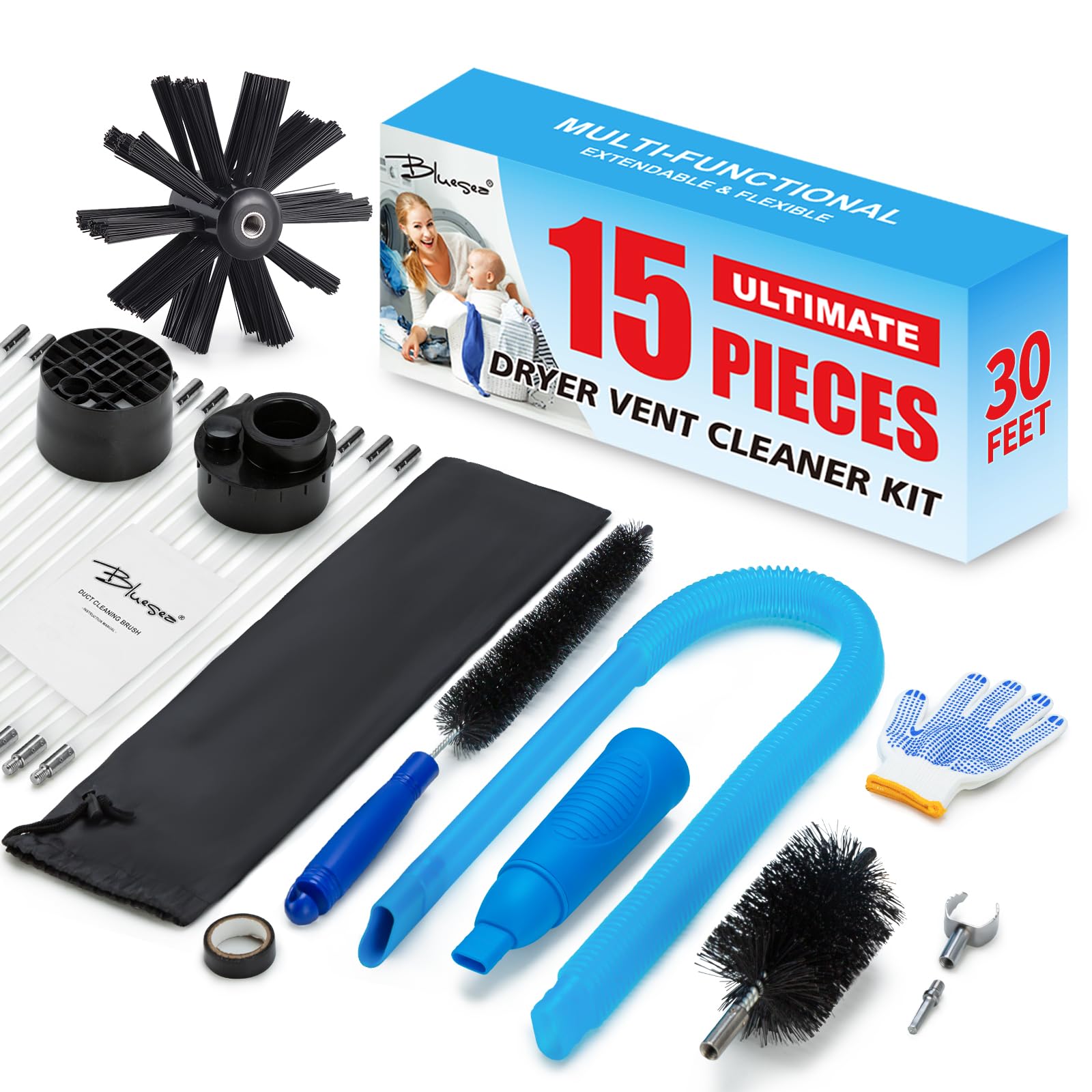 BLuesea Dryer Vent Cleaner Kit, 15-Piece Ultimate Dryer Cleaning Kit Include 30 Feet Dryer Vent Brush, Upgrade Noiseless Dryer Lint Vacuum Attachment