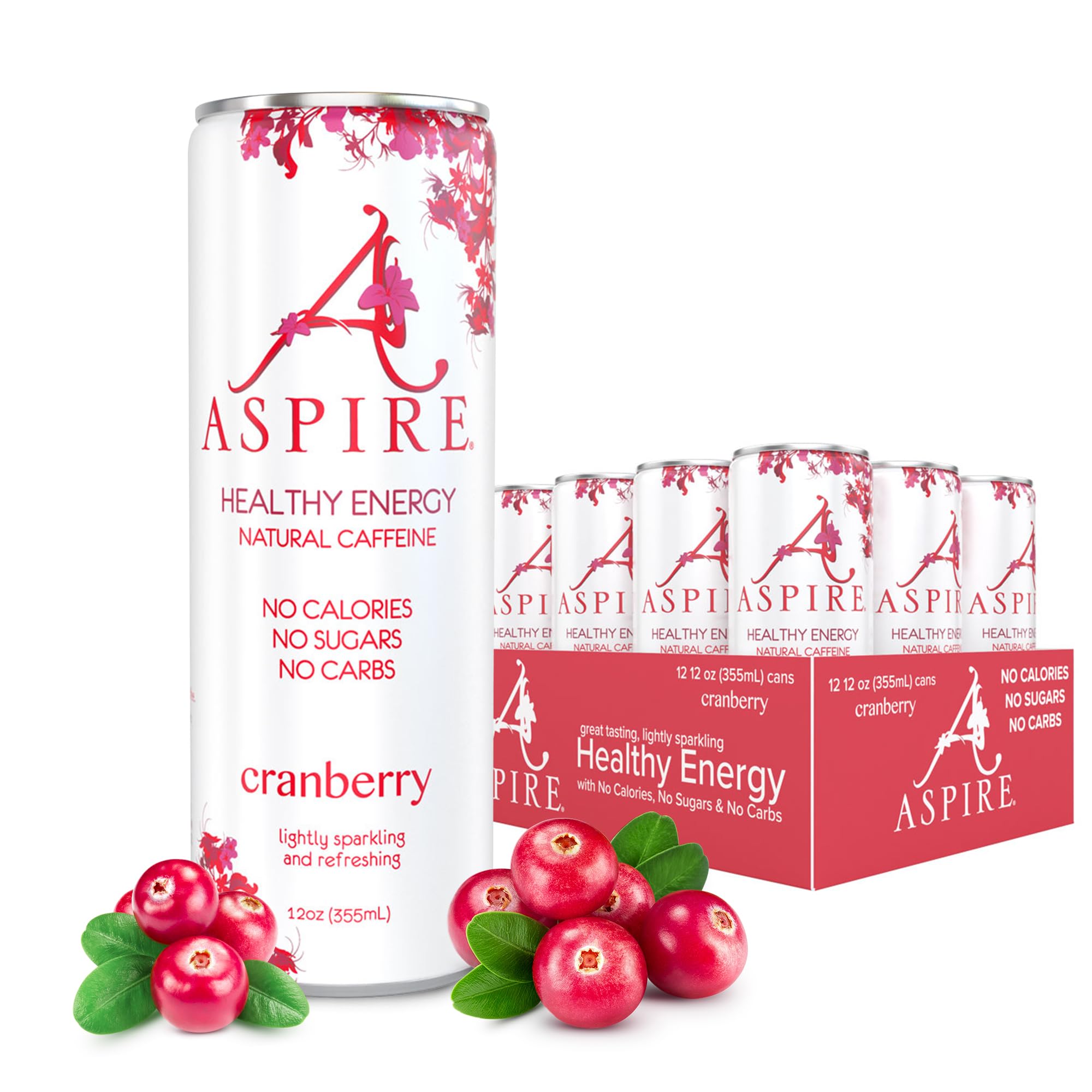 Aspire Cranberry, Healthy Energy Drink, Natural Caffeine from Green Tea, Keto-Friendly, Sugar-Free, Zero Calories, 12 fl oz Cans (Pack of 24)