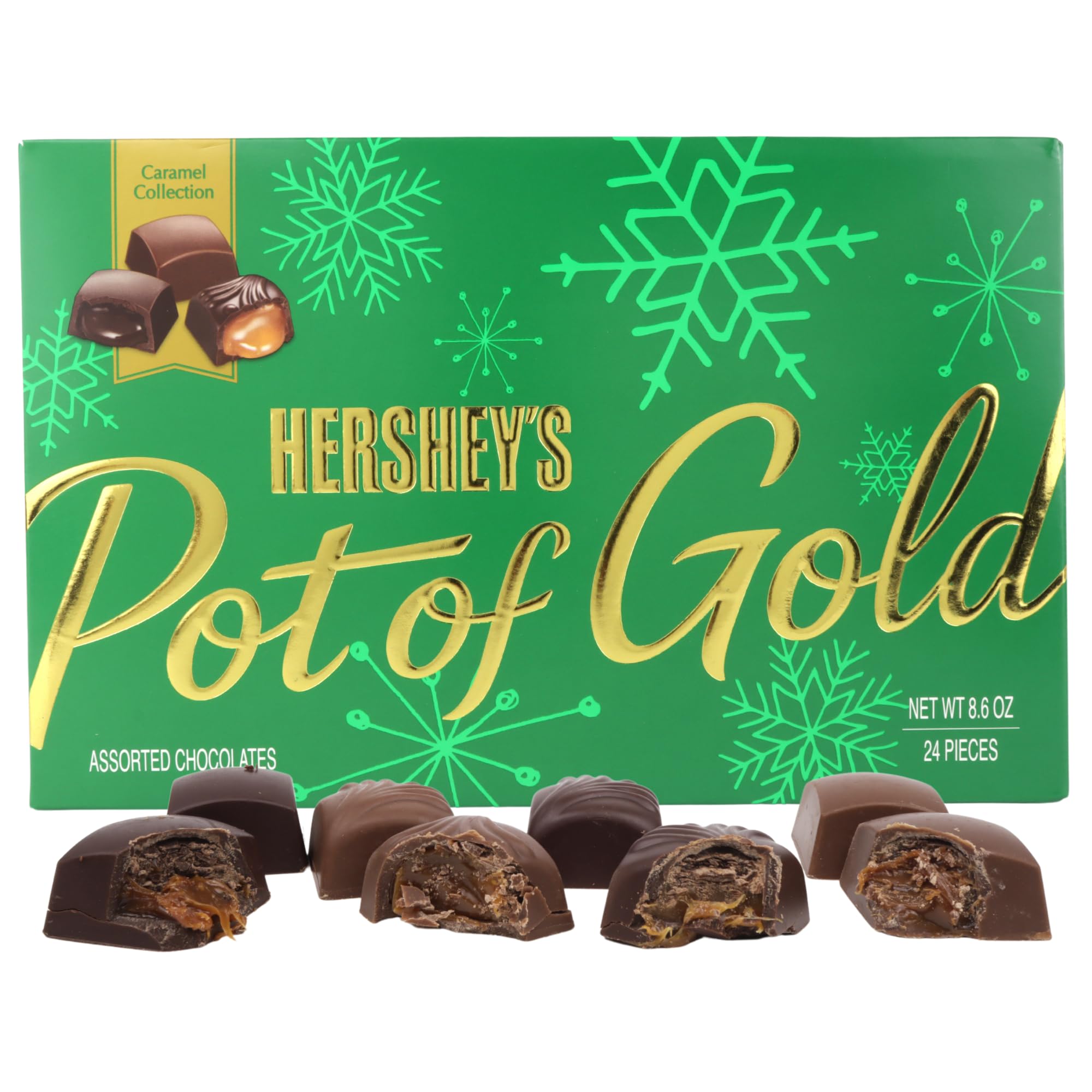 HERSHEY'S Christmas Pot of Gold Milk Chocolate Caramel Truffles Box, Candy Gift Set, 24 Total Pieces, 8.75 Ounces