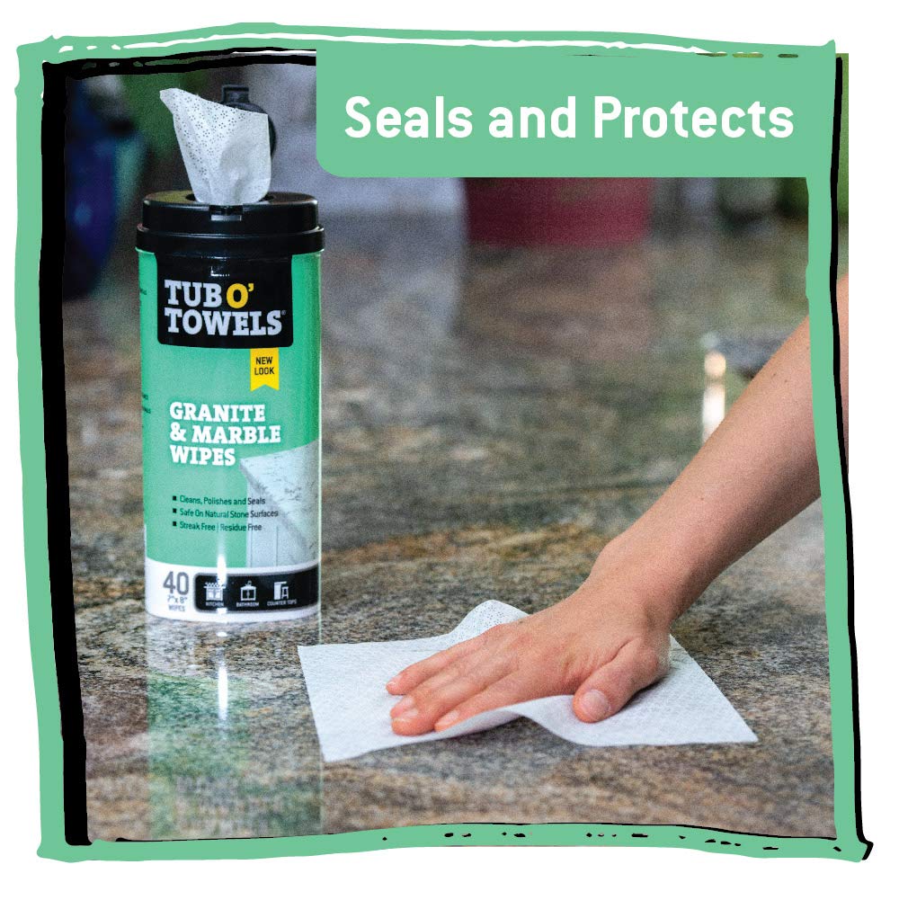 Tub O' Towels Granite & Marble Cleaning Wipes - Polish & Protect Stone Surfaces, 40-Count Pack - Safe for Granite, Marble, Quartz Countertop