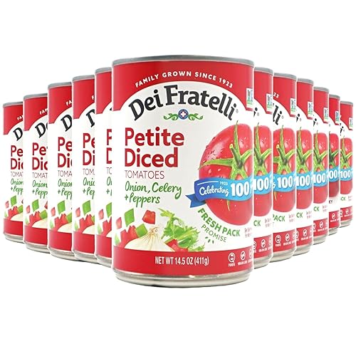 Dei Fratelli Petite Diced Tomatoes with Onion, Celery, and Peppers 14.5 oz. Cans, 12 pack) - Vine-Ripened - Non GMO, Gluten-Free