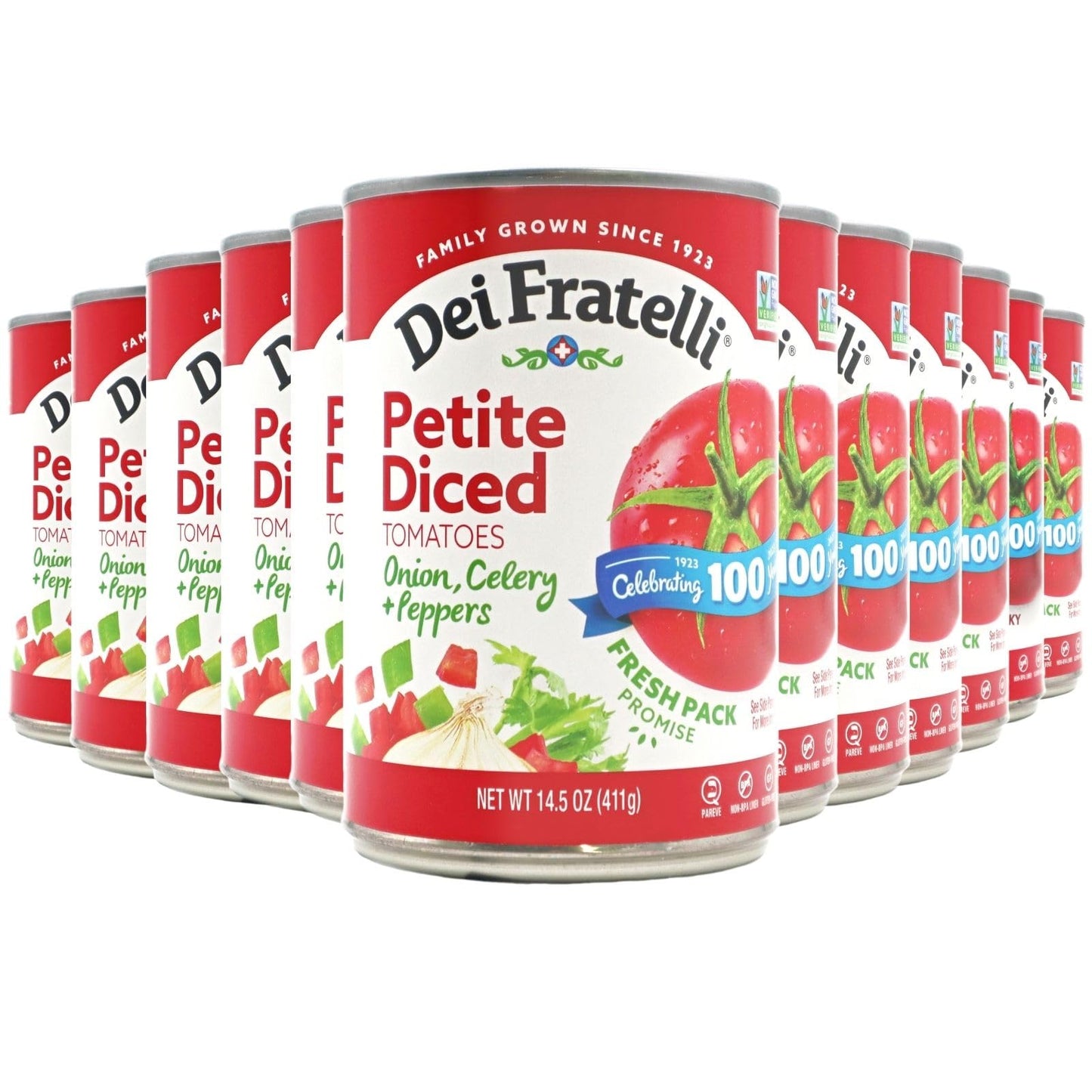 Dei Fratelli Petite Diced Tomatoes with Onion, Celery, and Peppers 14.5 oz. Cans, 12 pack) - Vine-Ripened - Non GMO, Gluten-Free