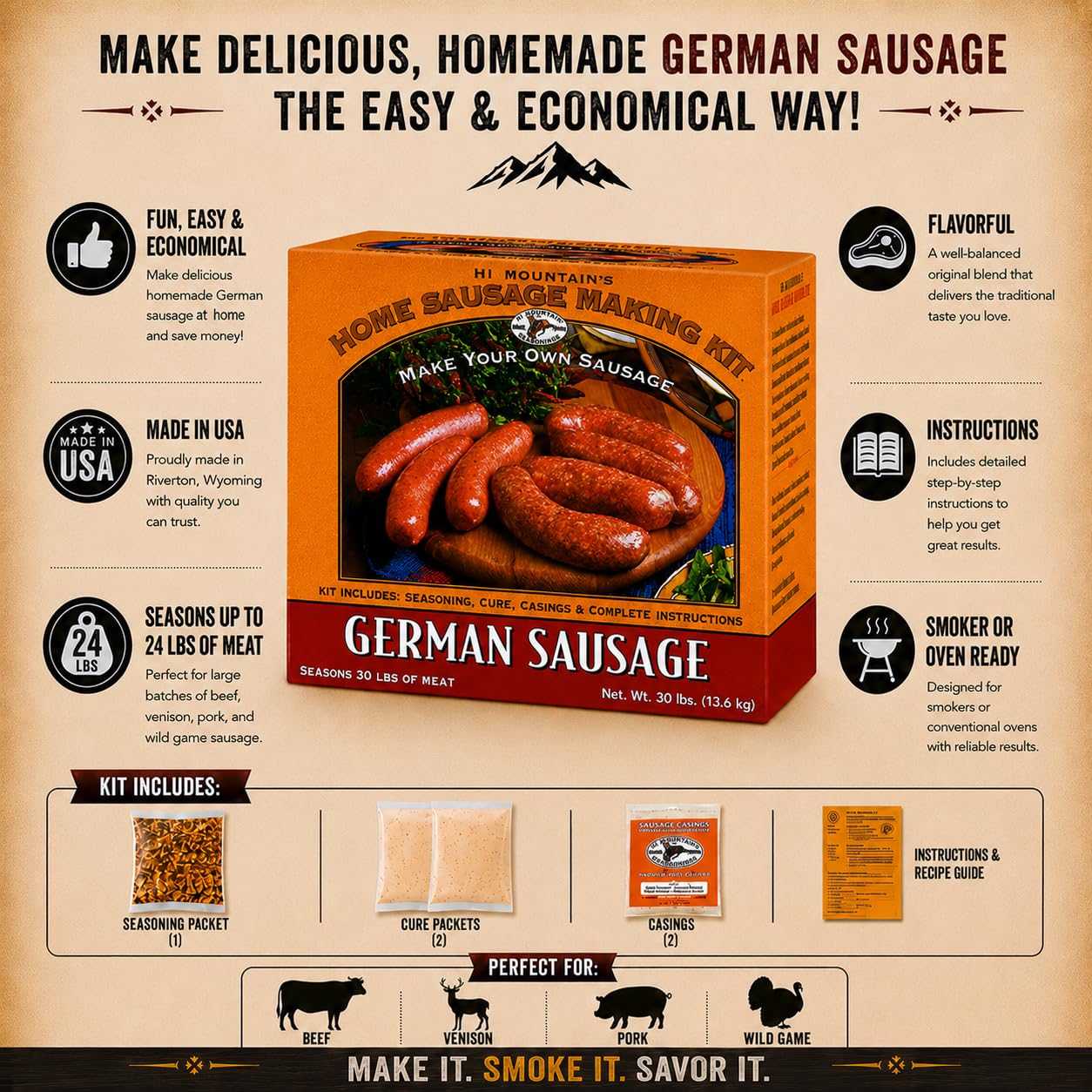 Hi Mountain Seasonings ? GERMAN Sausage Making Kit ? Includes Sausage Seasoning, Cure Natural Hog Casings, and Simple-to-Follow Directions ? Creates
