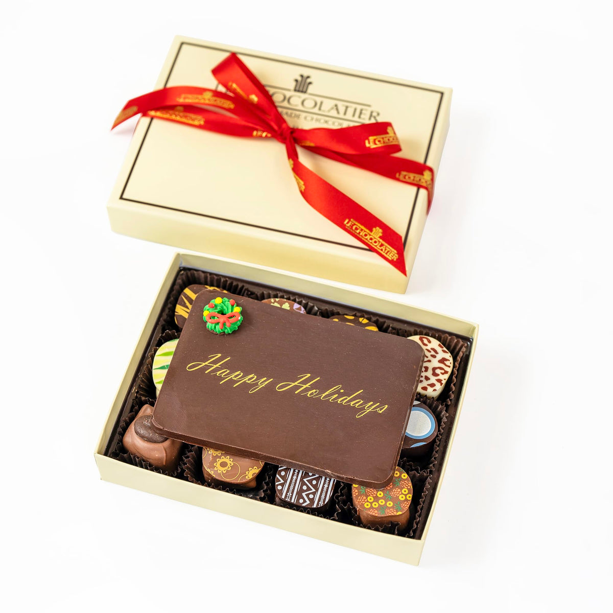 Le Chocolatier Happy Holidays Gourmet Chocolate Truffle Gift Box - Perfect for Chistmas & New Years Gifts (12 Piece Box)