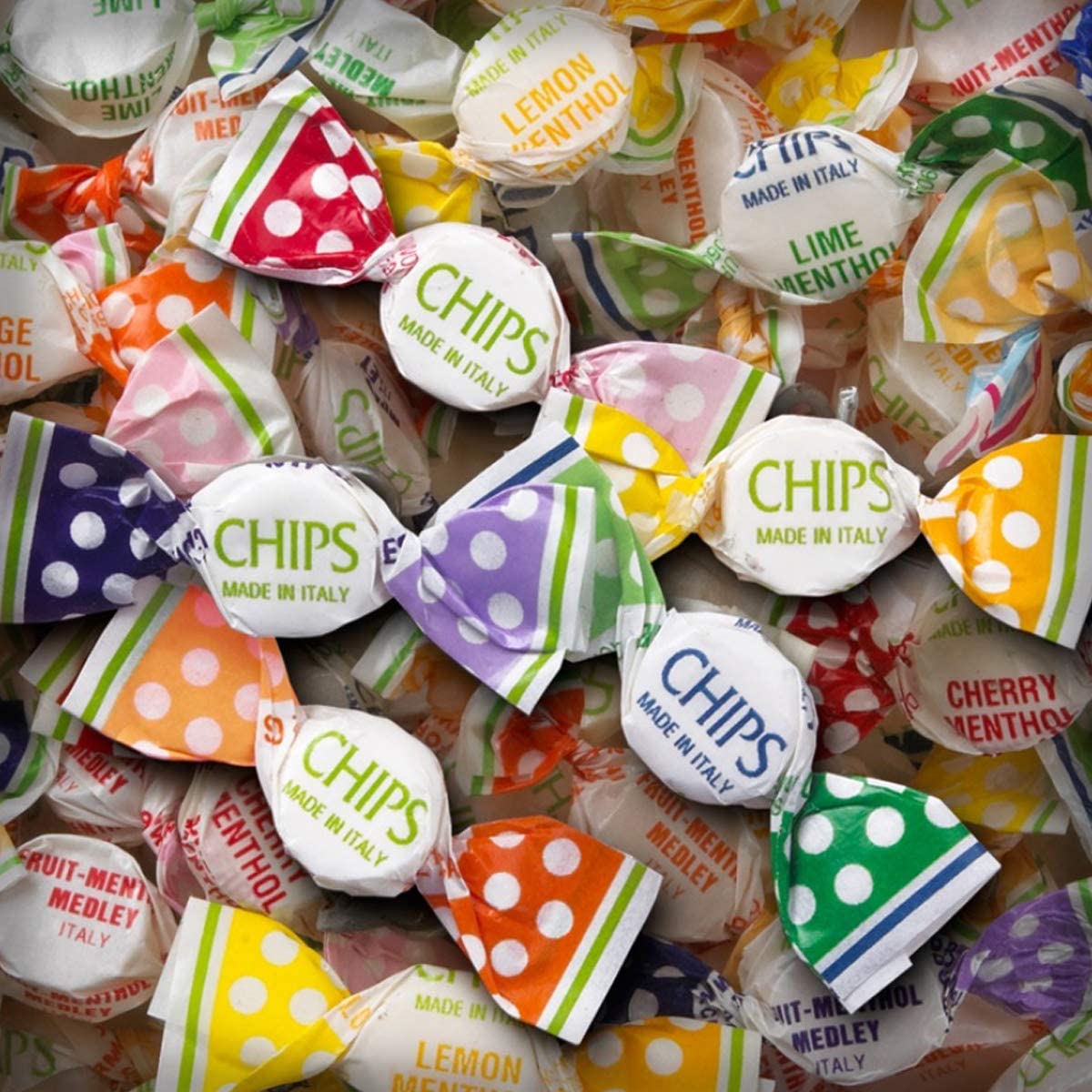 CHIPS Lightly Mentholated Italian Pastilles, Gourmet Individually Wrapped Fruit Candy Assortment, Cherry Blackberry Lime Lemon Orange, Vegan Gluten