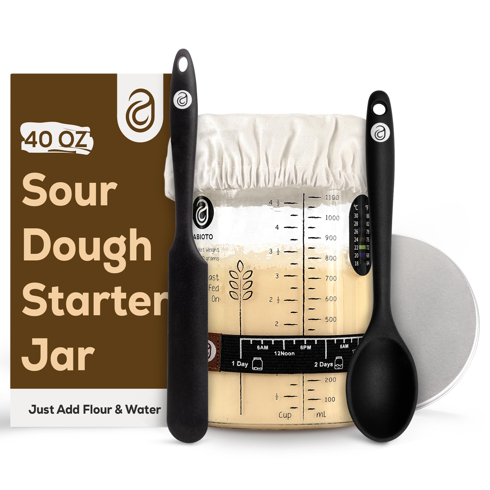 Sourdough Starter Kit with 40 oz Glass Jar - Extra Thermometer Strips and Breathable Covers Included in Sourdough Starter Jar Kit - A Perfect