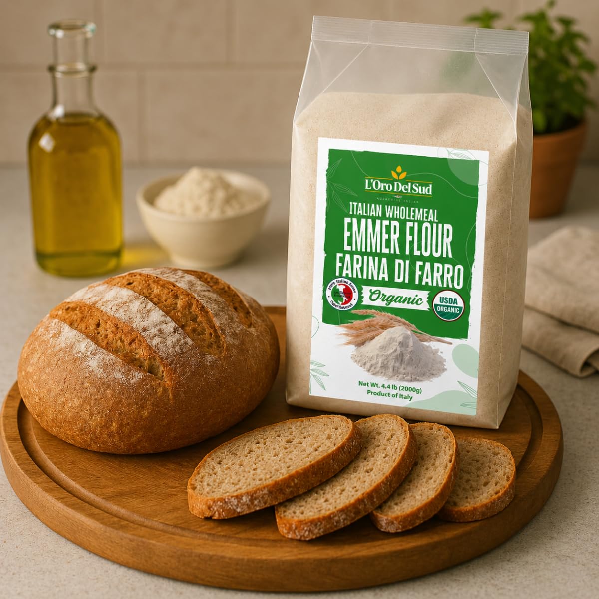 L’Oro Del Sud Organic Farro (Emmer) Flour - 4.4 lb (2 kg), Stone-Ground Ancient Grain Flour from Italy, All-Purpose, High Fiber, Non-GMO
