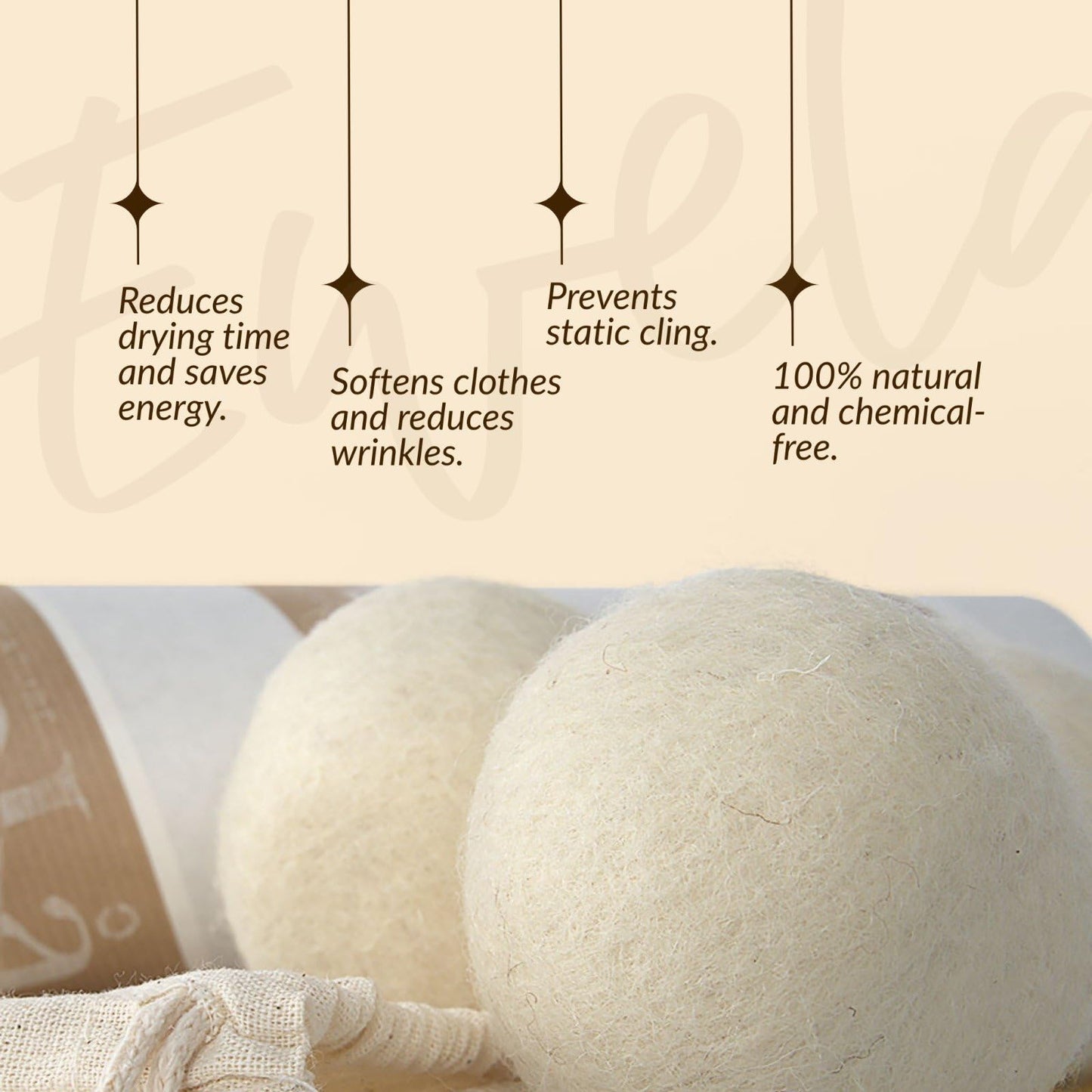 Ewela 100% Natural Merino Wool Dryer Balls, Set of 3, Reusable Chemical-Free Fabric Softener, Natural White, 7-8 cm Diameter
