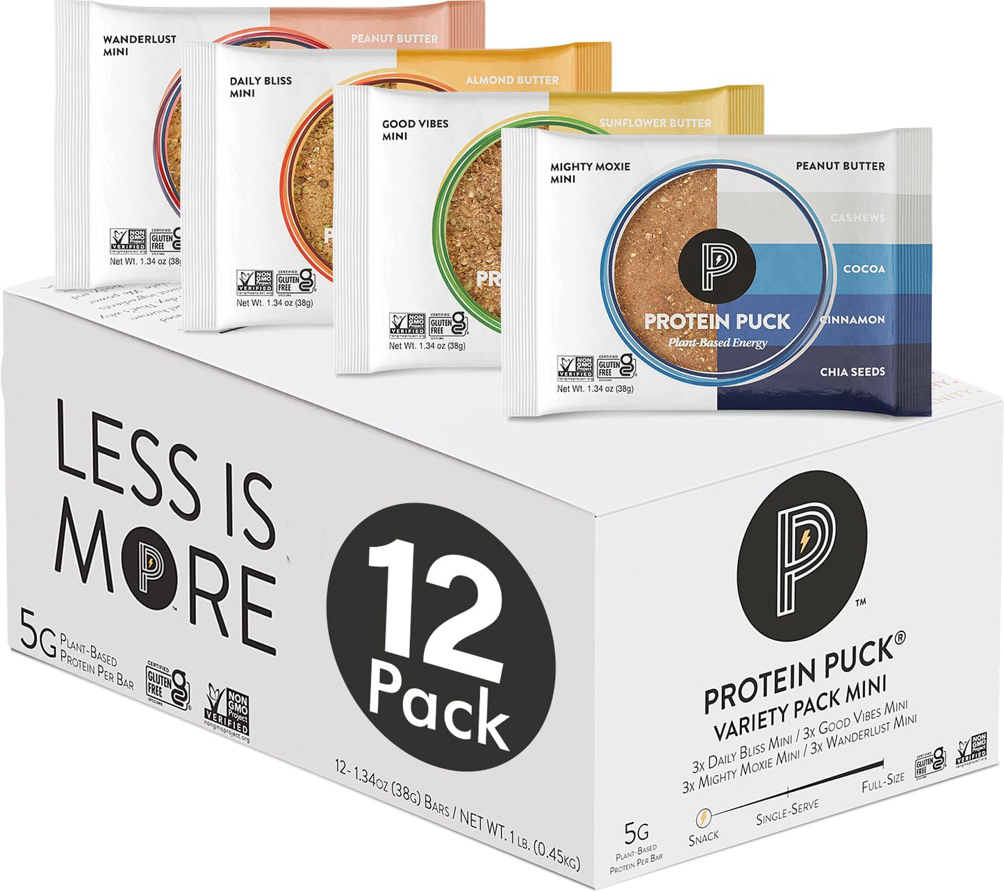 Protein Puck Vegan Plant based Protein Bar - Natural Healthy Snack Bars, 12 Count, 1.34oz Mini, Gluten Free, Dairy Free, No GMO, Kosher - Variety pack