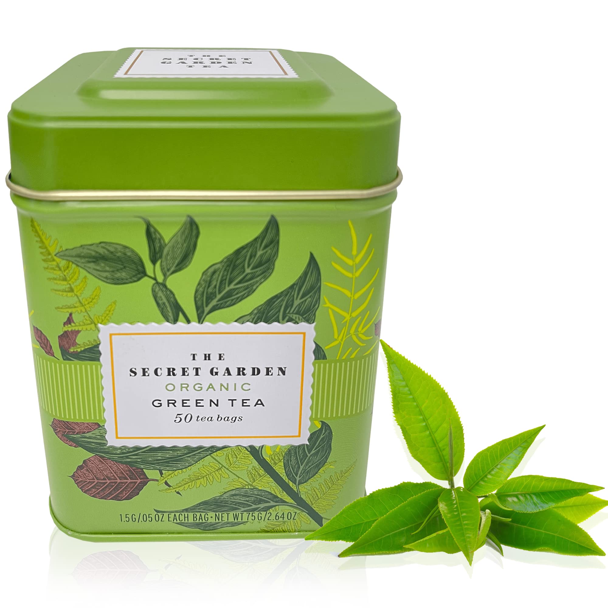 100% Organic Ceylon Green Tea - 50 Packets - Natural Antioxidant Rich Herbal Leaf Teabags - USDA Certified and Non-GMO - Caffeinated Premium Gift Tin