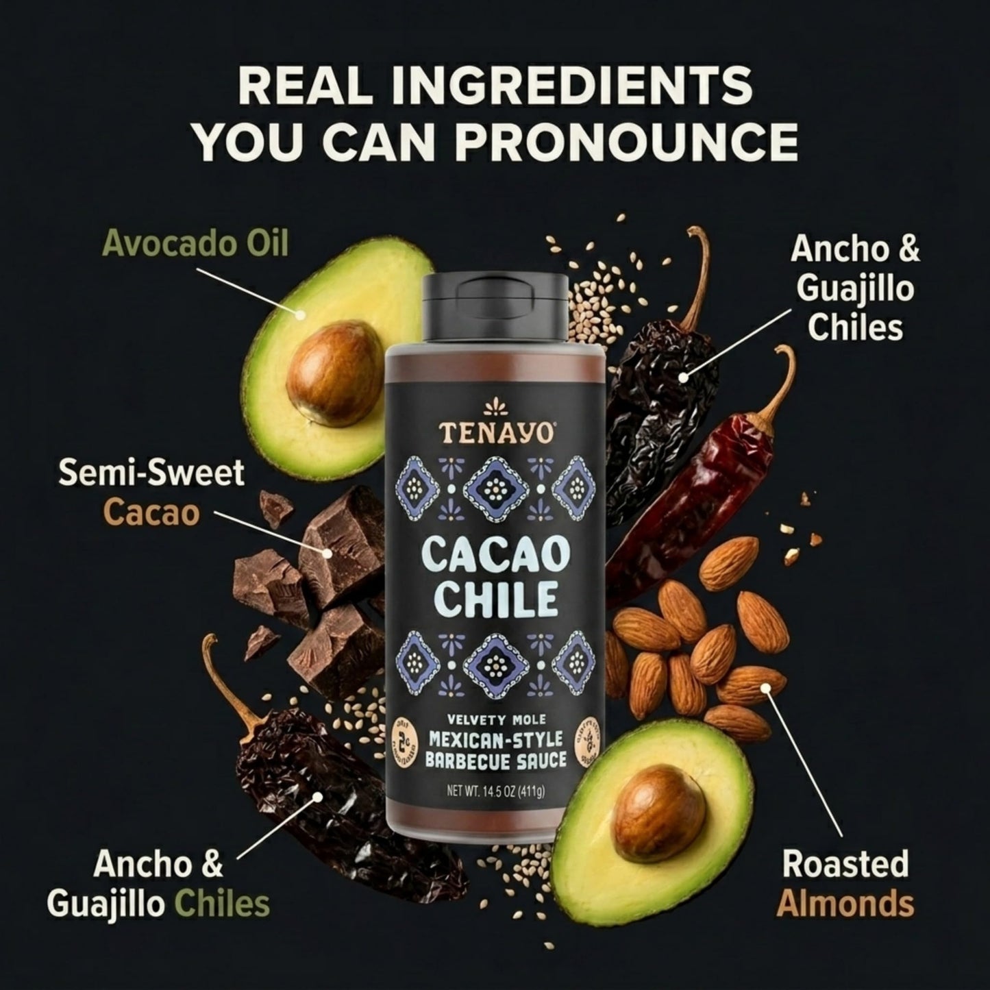 Tenayo Cacao Chile Barbecue Sauce, 2-Pack (13.5 oz Bottles) - Mexican Style Sauce with Chocolate, Chiles & Spices - Only 4g of Sugar, Gluten Free