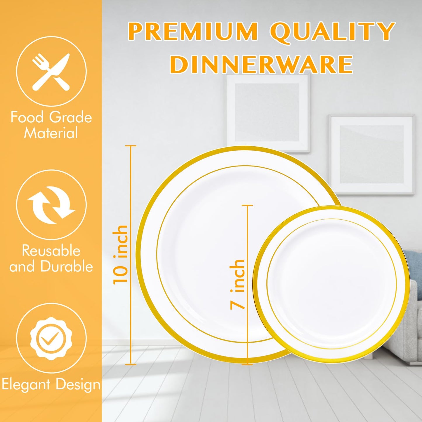 JollyPack 100 Piece Disposable Gold Plastic Party Plates, Including 50 10 Inch Dinner Plates and 50 7 Inch for Dessert, Great for Parties, Weddings