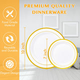 JollyPack 100 Piece Disposable Gold Plastic Party Plates, Including 50 10 Inch Dinner Plates and 50 7 Inch for Dessert, Great for Parties, Weddings