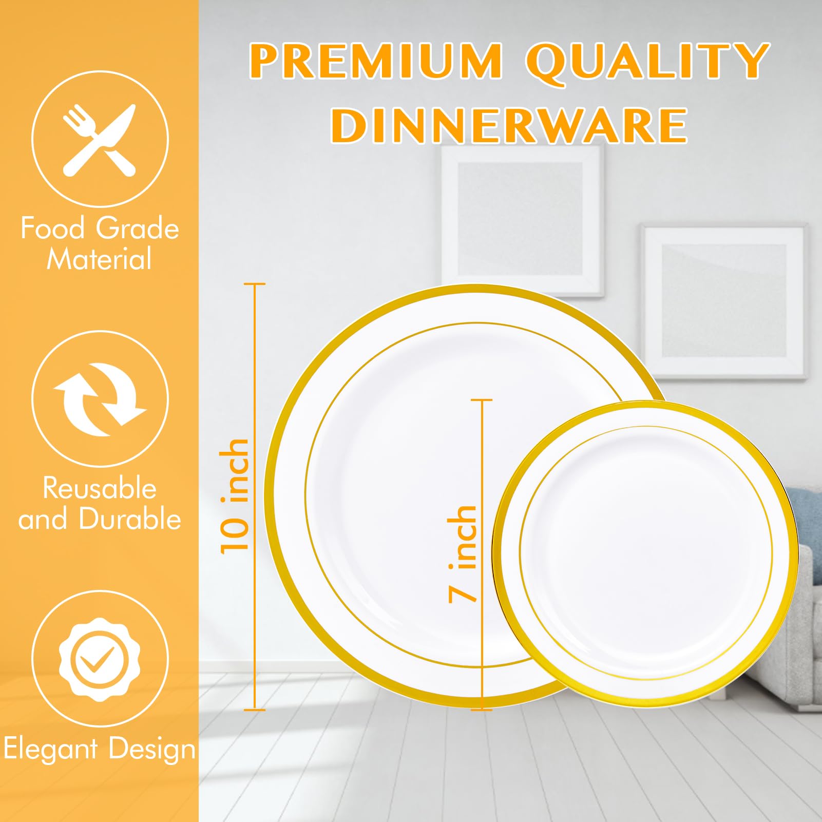JollyPack 100 Piece Disposable Gold Plastic Party Plates, Including 50 10 Inch Dinner Plates and 50 7 Inch for Dessert, Great for Parties, Weddings
