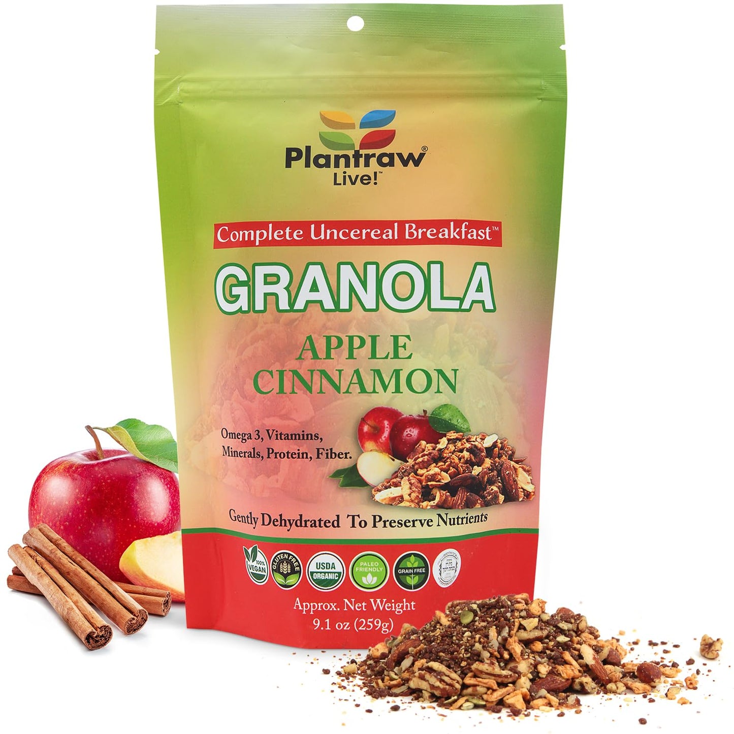 Apple Cinnamon Un-Cereal™ Granola Gluten Free and Grain Free, Dehydrated 9.3oz Pack of healthy granola, Perfect for Smoothies, Free from Cheap