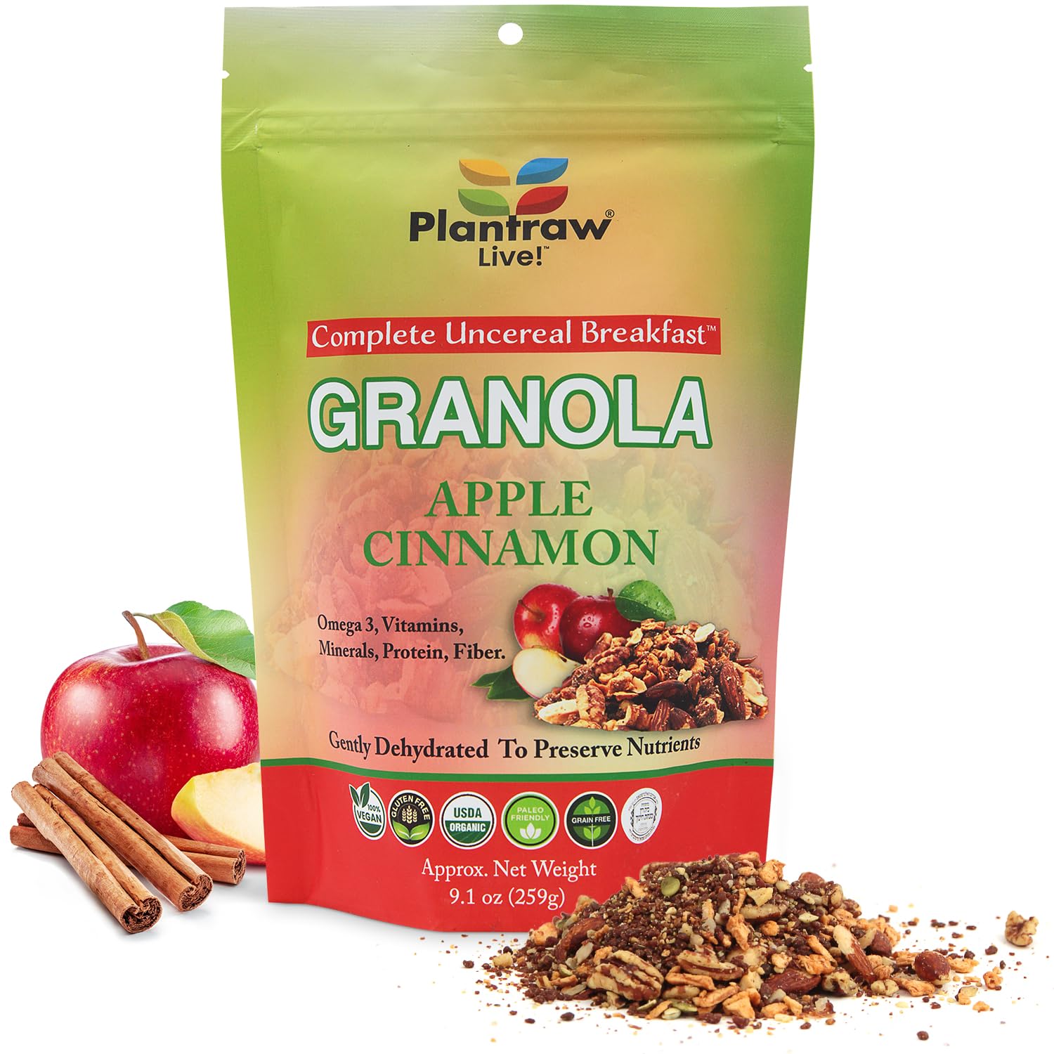 Apple Cinnamon Un-Cereal™ Granola Gluten Free and Grain Free, Dehydrated 9.3oz Pack of healthy granola, Perfect for Smoothies, Free from Cheap