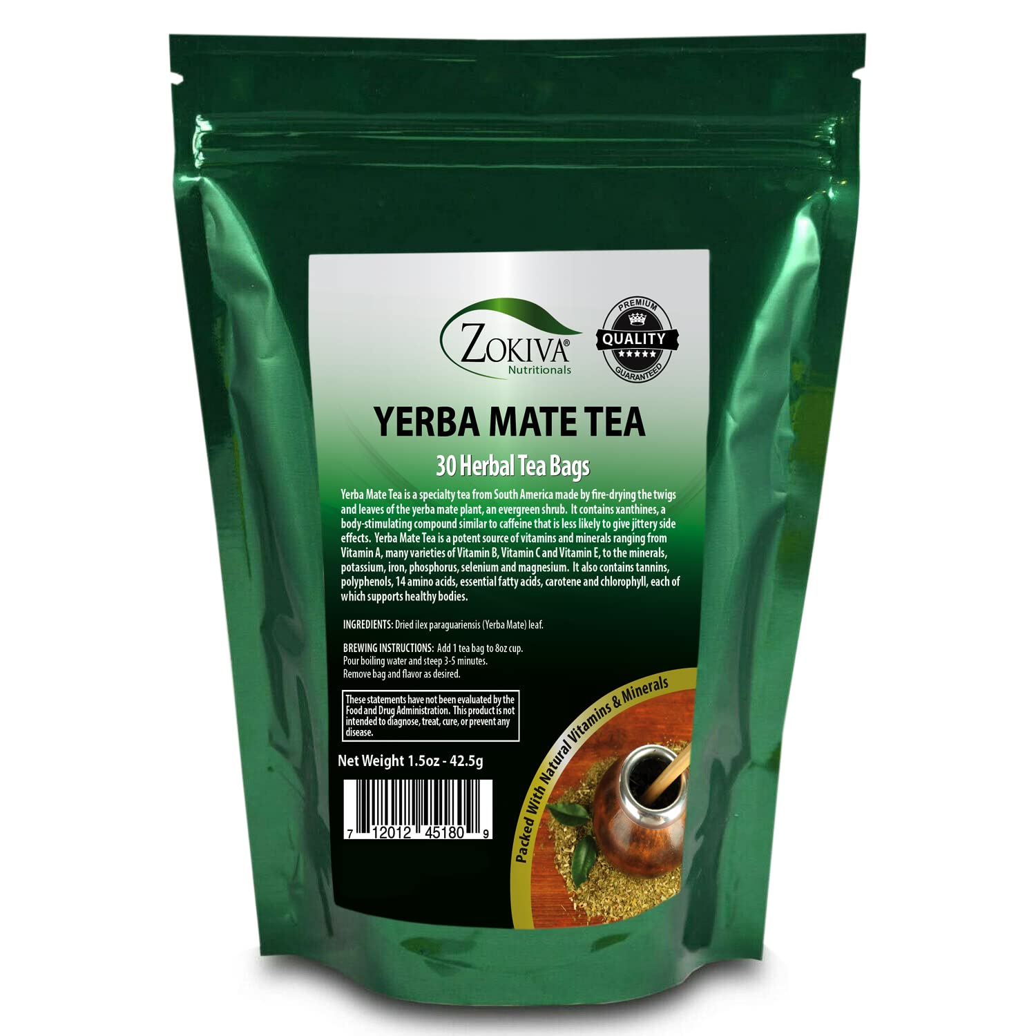 Yerba Mate Tea 100% Pure (30 Premium Bags) All-Natural Immune System Support
