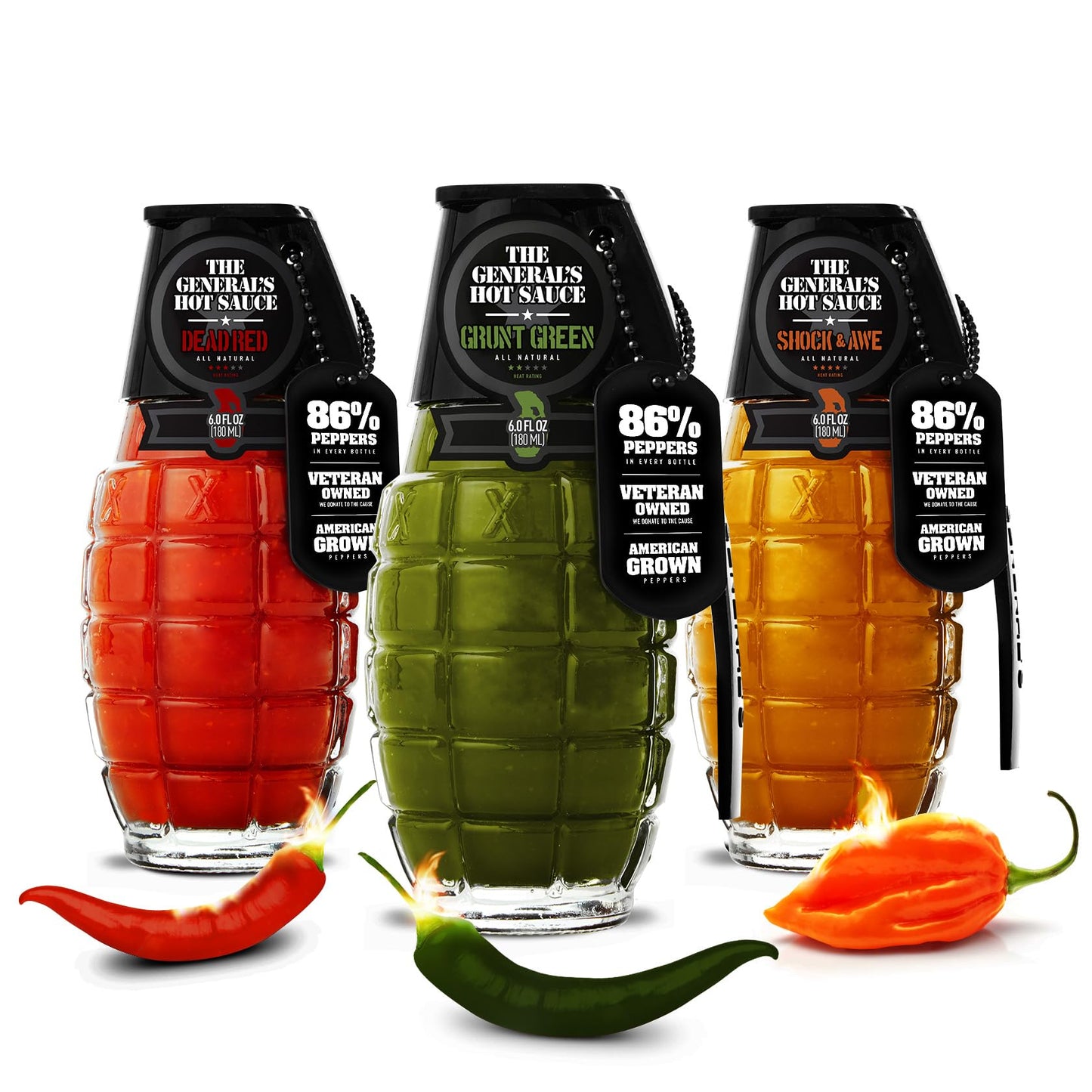 The General's Hot Sauce Gift Set, Triple Threat Gourmet Variety 6 oz 3-Pack, Habanero & Cayenne Peppers, 2/5-4/5 Heat, Natural Spicy Sauce for Wings