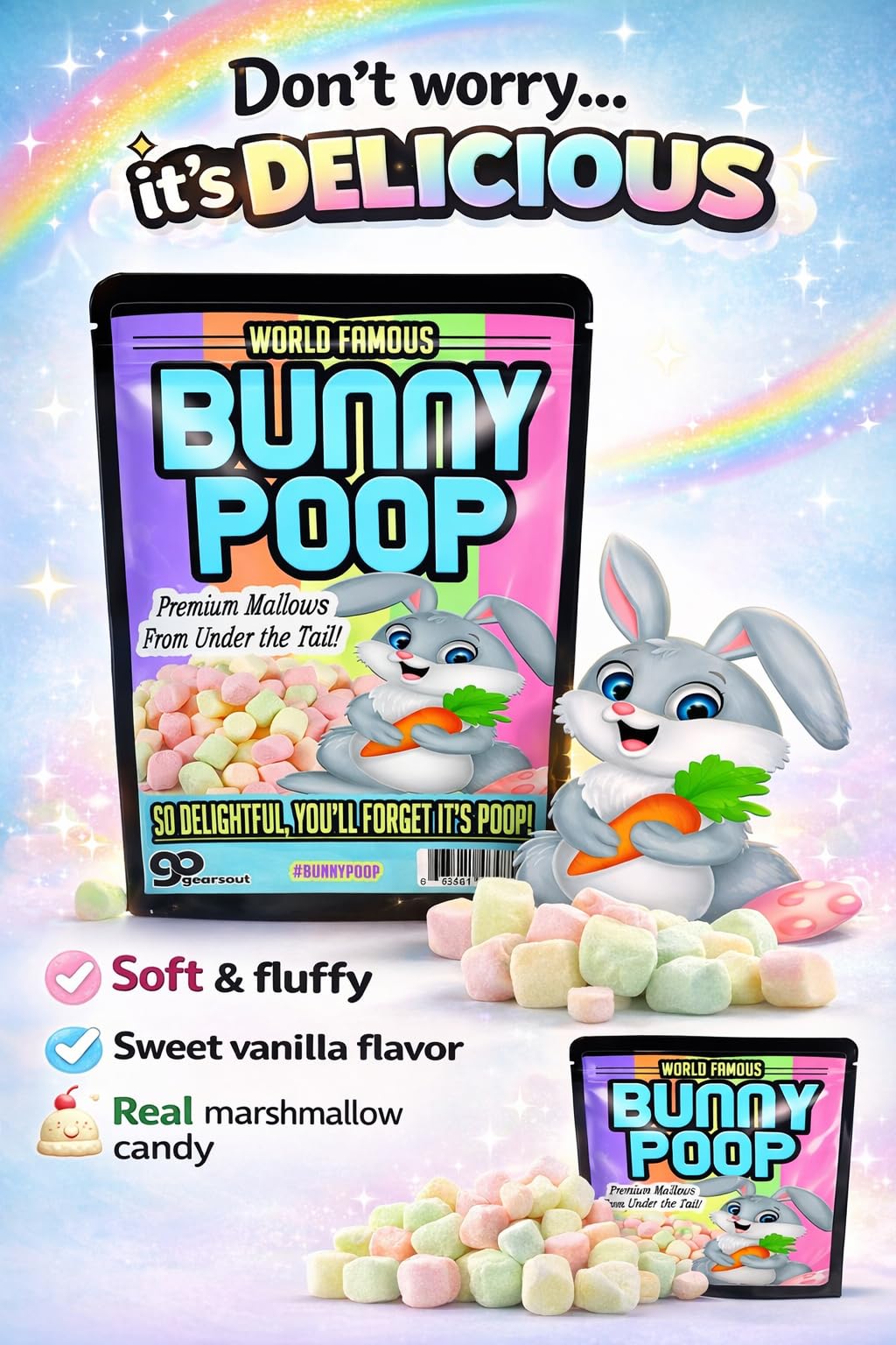 Bunny Poop Marshmallows - Funny Easter Candy Gag Gift, Colorful Mini Mallows Snack Bags, Easter Basket Stuffers for Kids, Teens & Adults, White