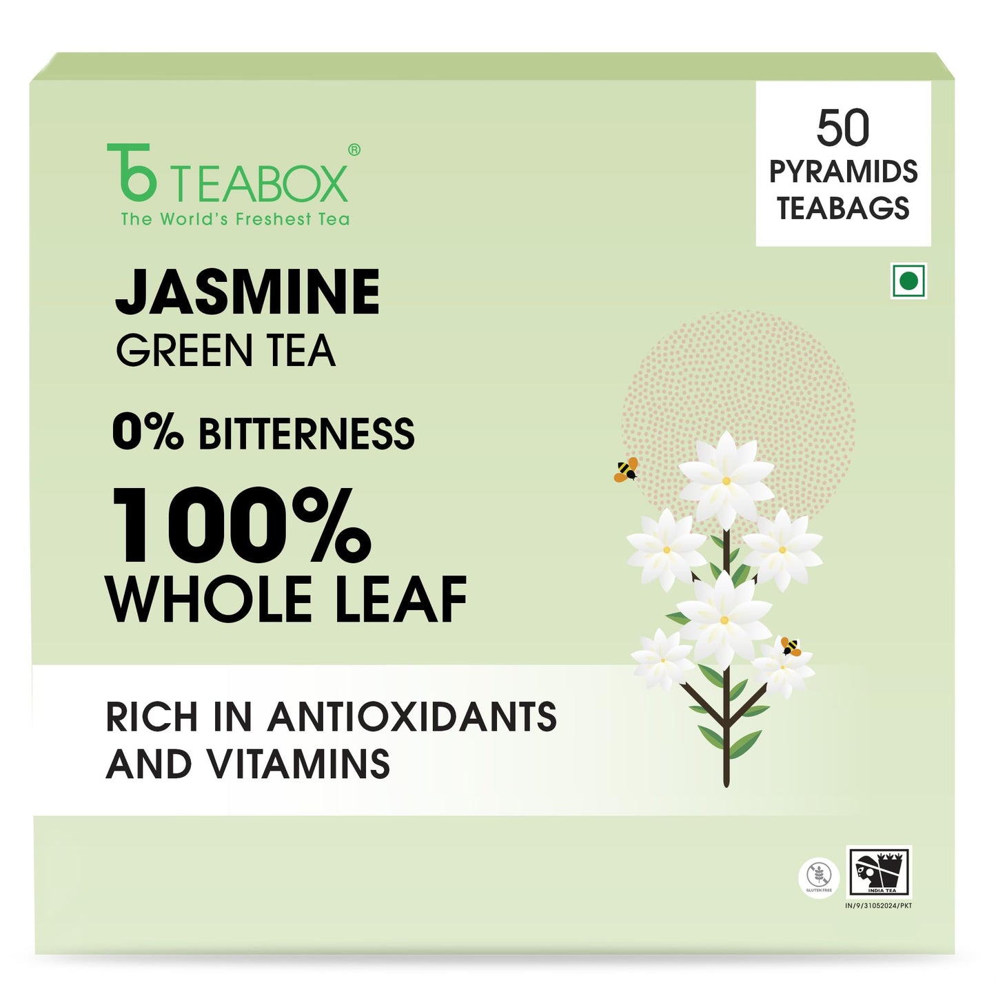 Teabox Premium Darjeeling Green Tea With Jasmine Flowers| 100% Whole Leaf & 0% Bitterness | Green Tea From The Himalayas | 50 Tea Bags (Low Caffeine)