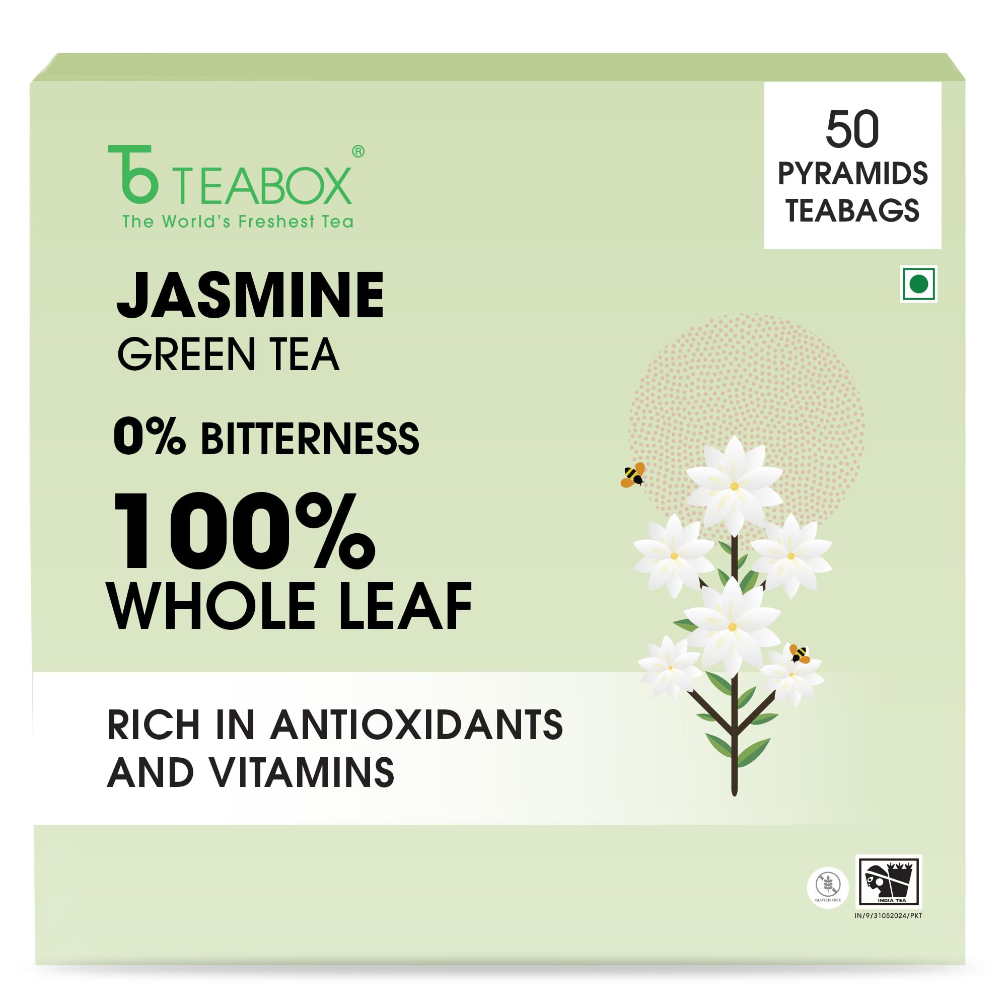 Teabox Premium Darjeeling Green Tea With Jasmine Flowers| 100% Whole Leaf & 0% Bitterness | Green Tea From The Himalayas | 50 Tea Bags (Low Caffeine)